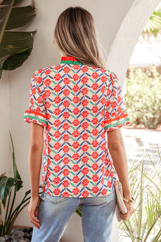 Red Floral Print Striped Detail V Neck Ruffled Short Sleeve Blouse