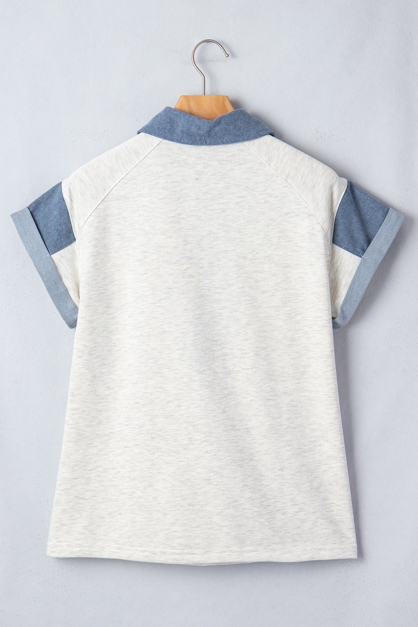 Light Grey Denim Color Block Patchwork Shirt Collar Short Sleeve Blouse