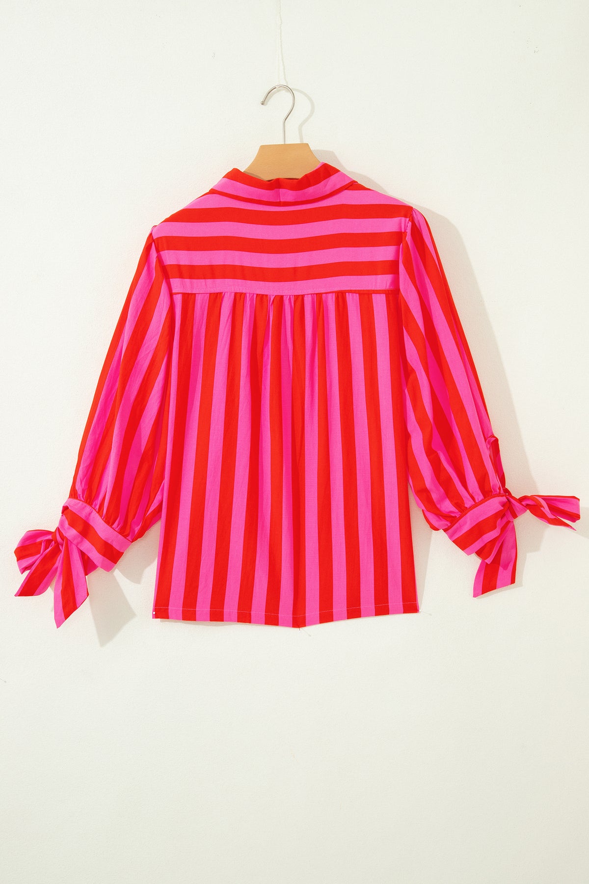 Red Stripe Tie Puff Sleeve Womens Button Down Shirt