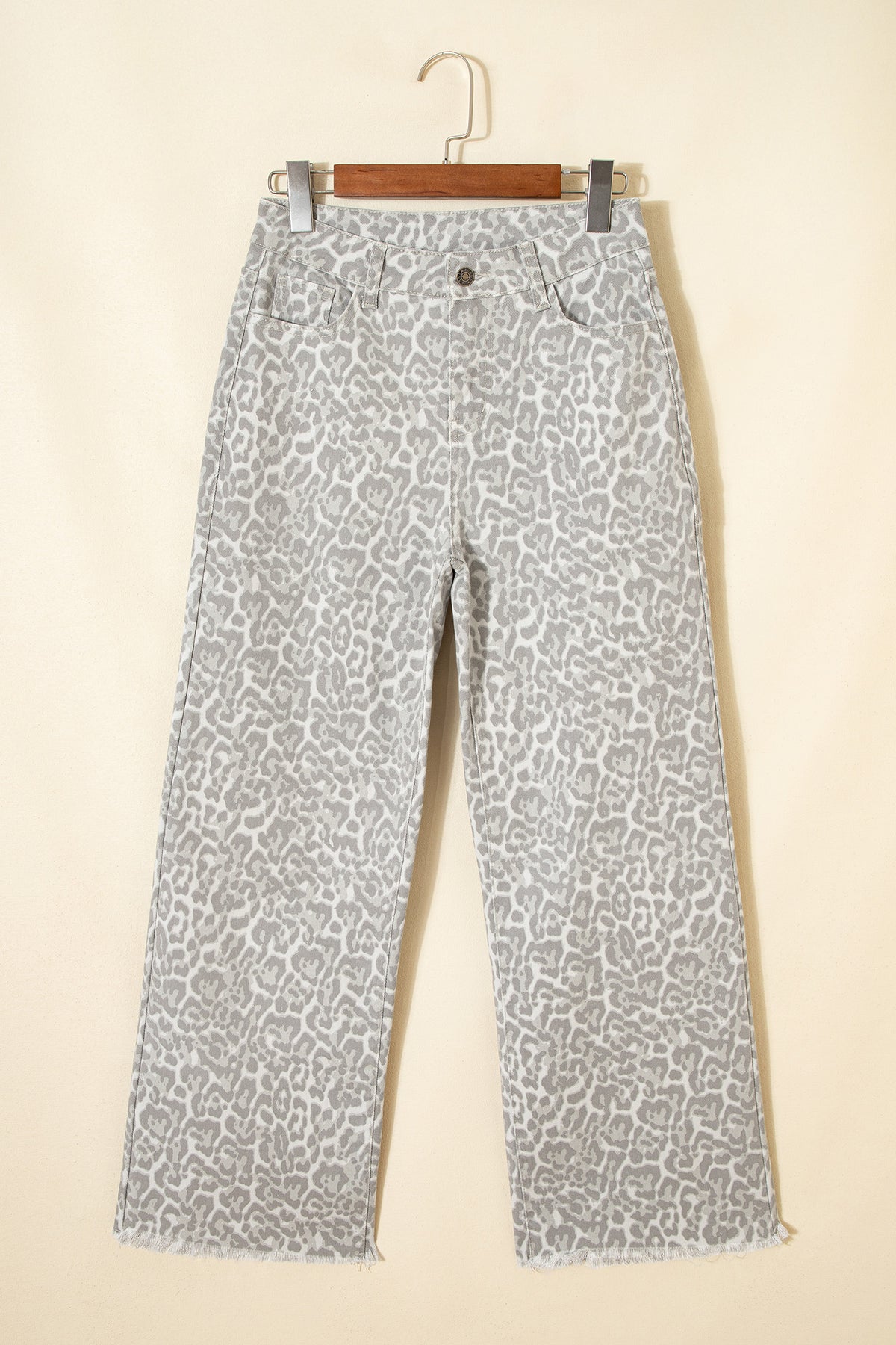 Gray Leopard Frayed Edge Wide Leg High Waist Jeans