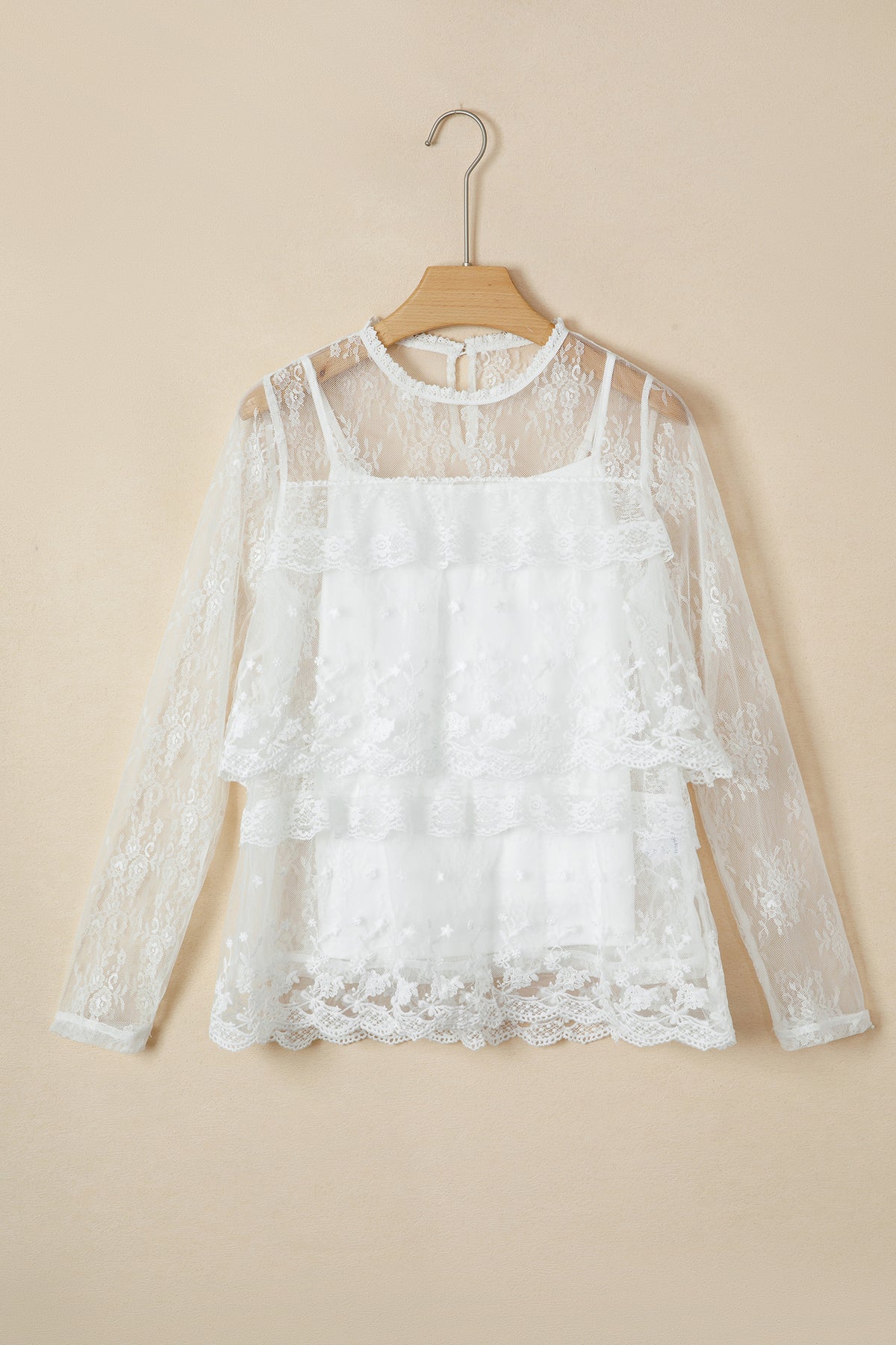 White 2pcs Sheer Floral Lace Ruffle Tiered Patchwork Blouse