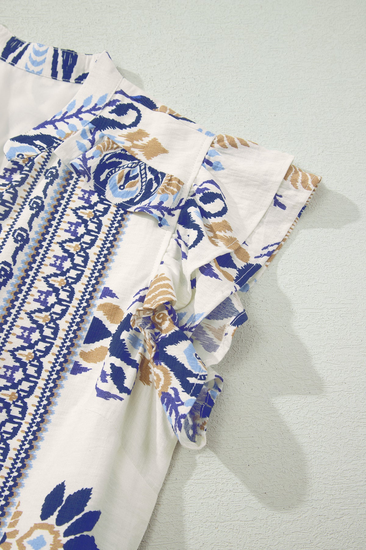 Blue Boho Western Floral Printed Split Neck Ruffled Sleeve Mini Dress
