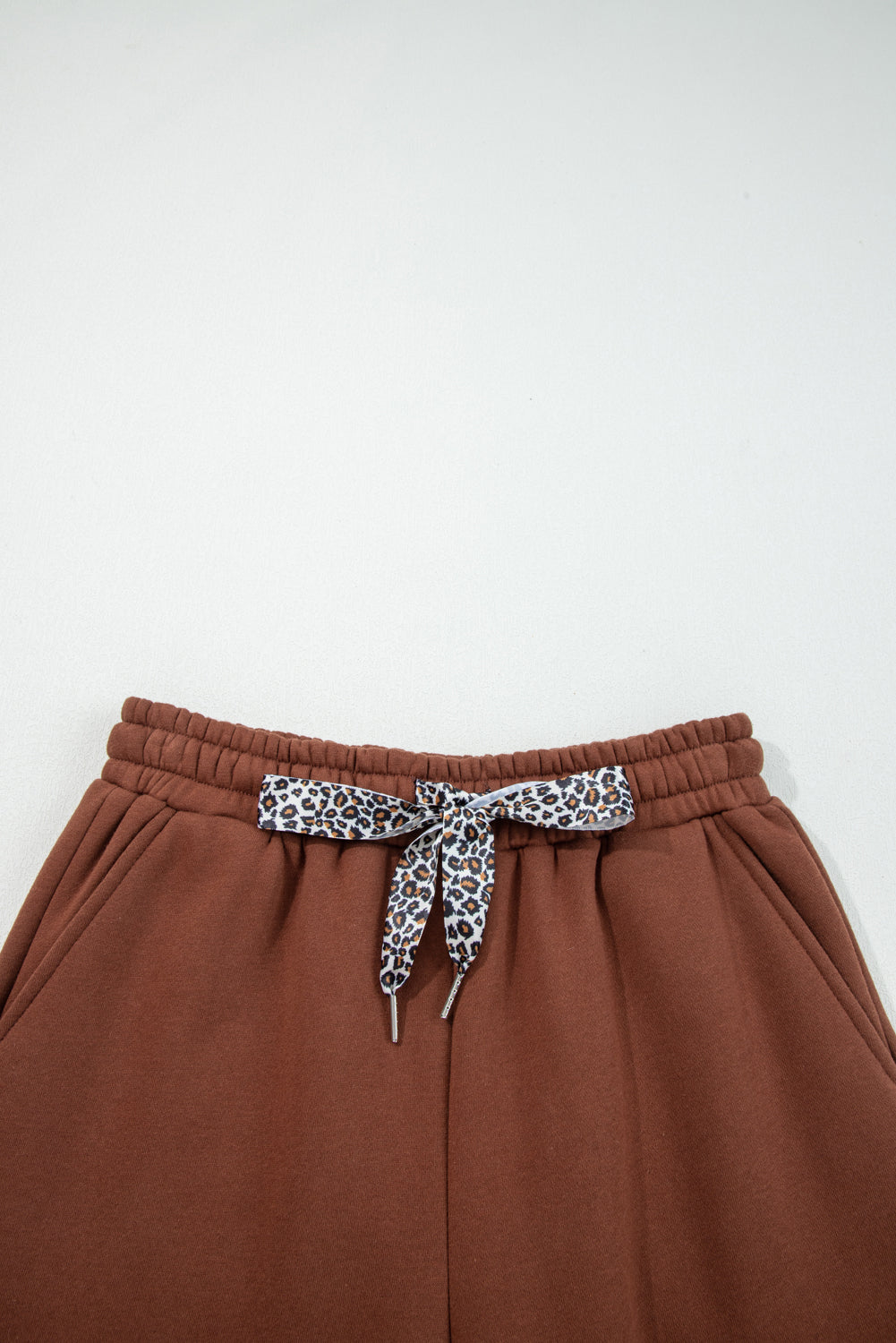 Dearlovers Coffee Fleece Lined Leopard Drawstring Elastic Waist Solid Pants