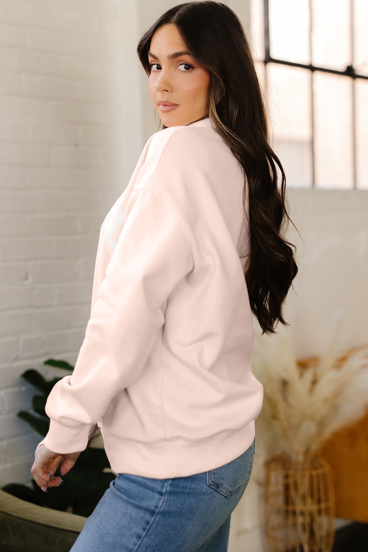 Light Pink Oversize Blessed Embroidered Mock Neck Sweatshirt