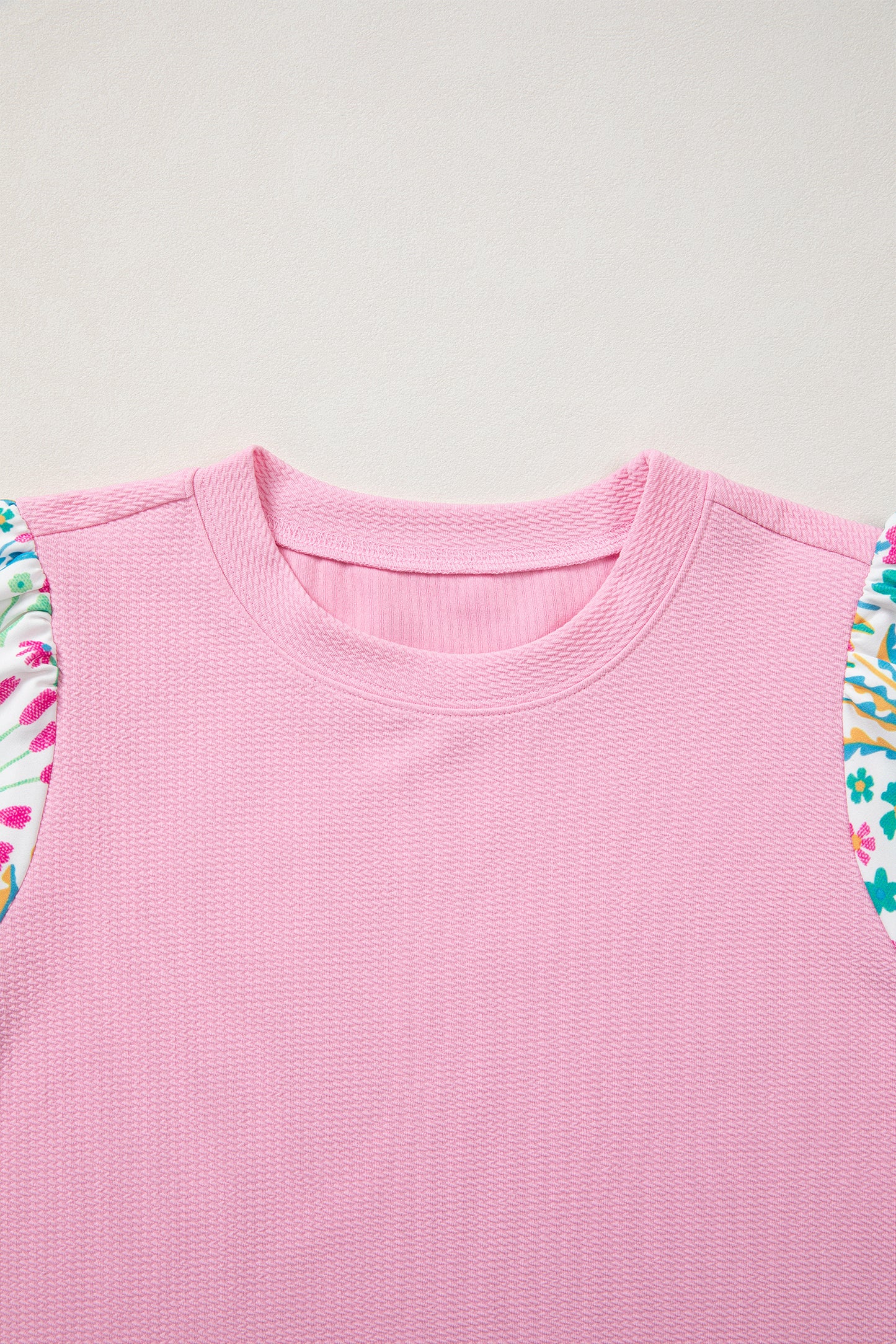 Pink Round Neck Textured Contrast Floral Bubble Sleeve Blouse