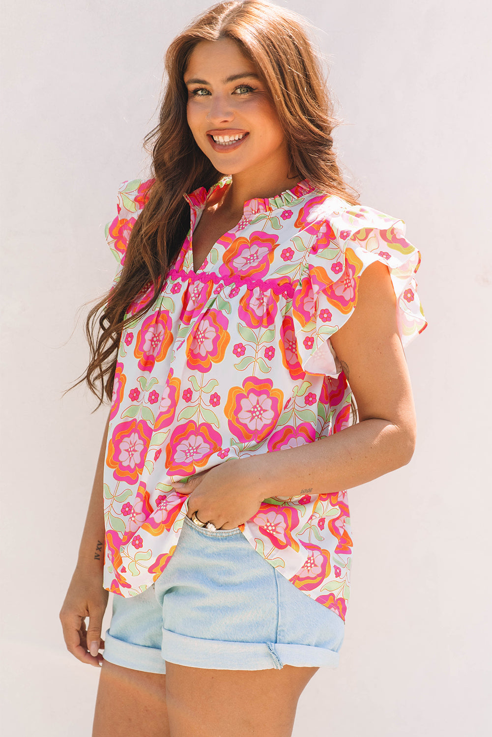 Rose Floral Ruffled Sleeve Ric-rac Trim Split Neck Loose Blouse