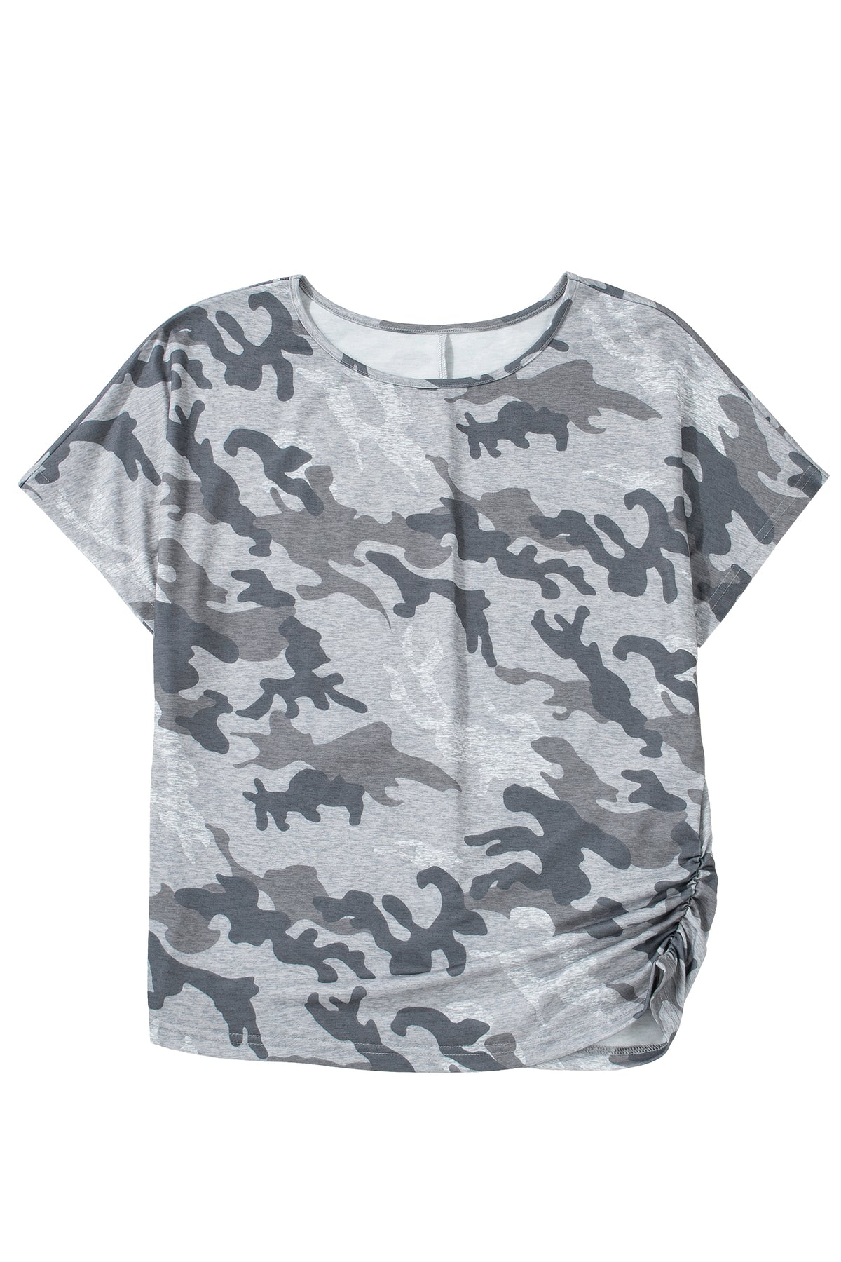 Gray Camouflage Print Round Neck T Shirt