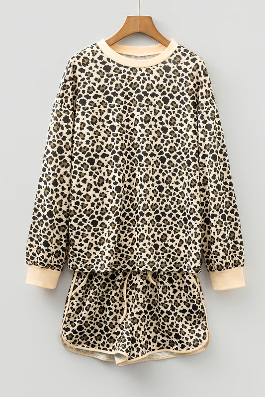 Brown Leopard Print Contrast Trim Long Sleeve Pullover Drawstring Shorts 2pcs Outfit