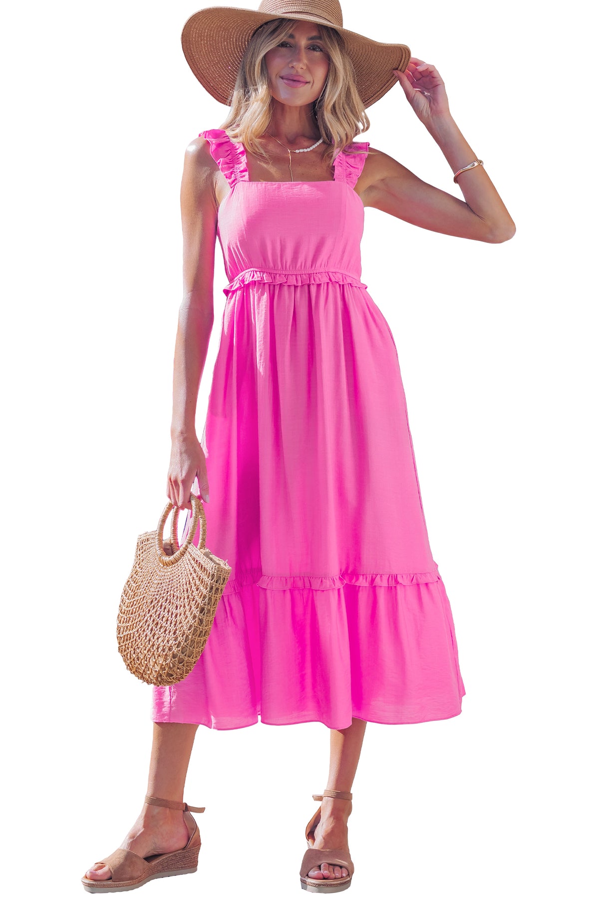 Bonbon Solid Color Ruffle Trim High Waist Sleeveless Maxi Dress