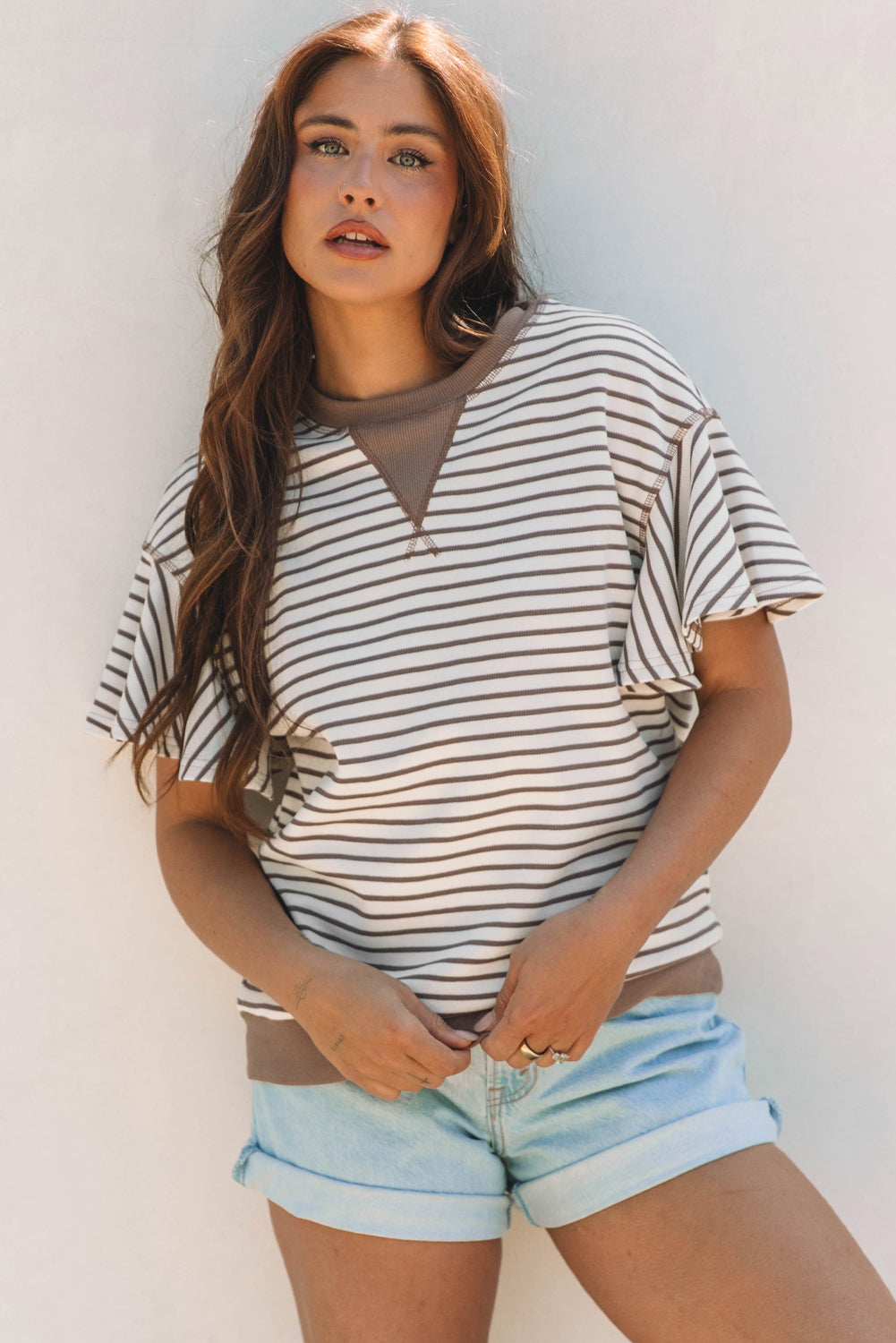 Parchment Contrast Detail Striped Ruffle Short Sleeve Top