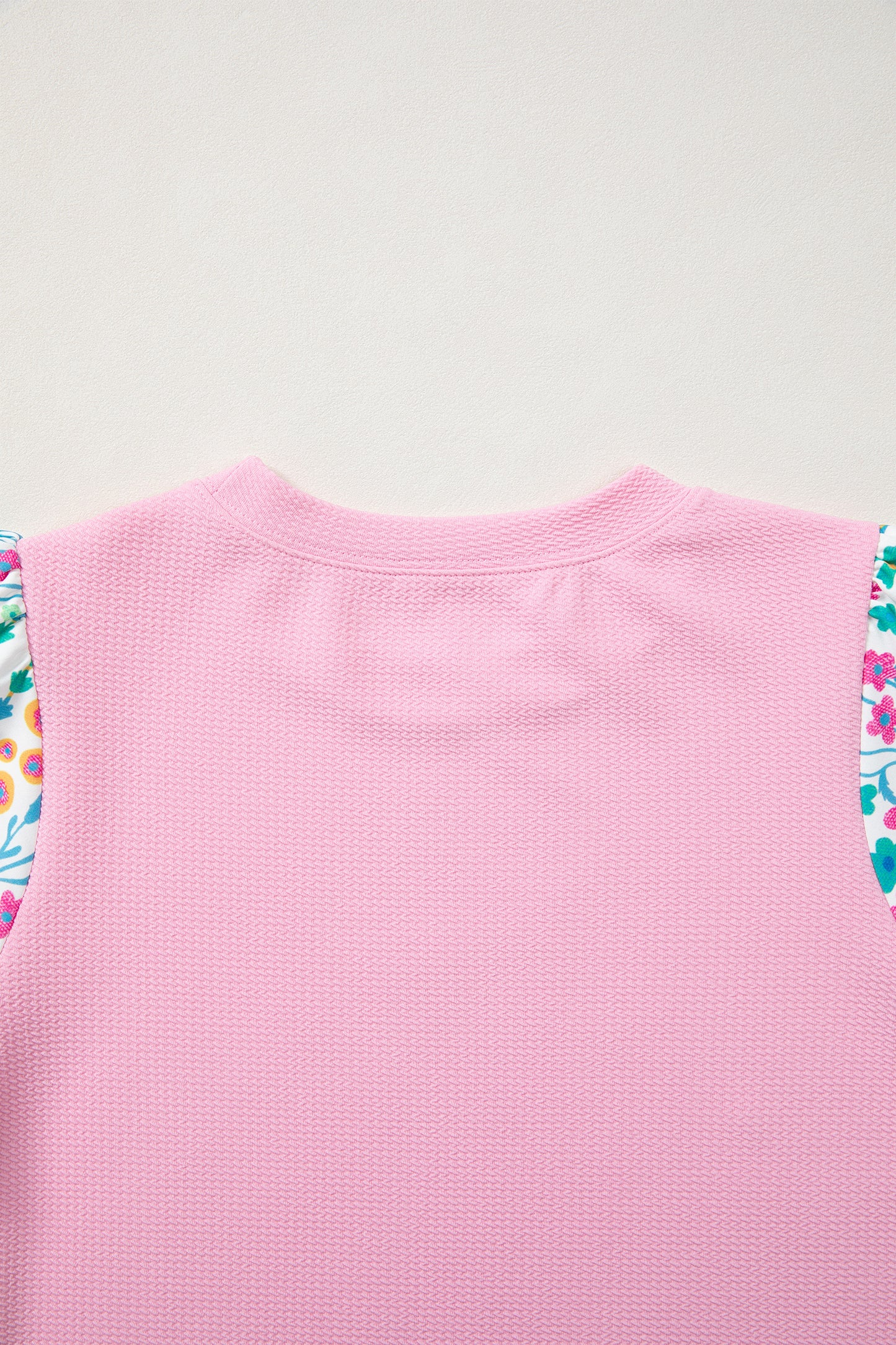 Pink Round Neck Textured Contrast Floral Bubble Sleeve Blouse