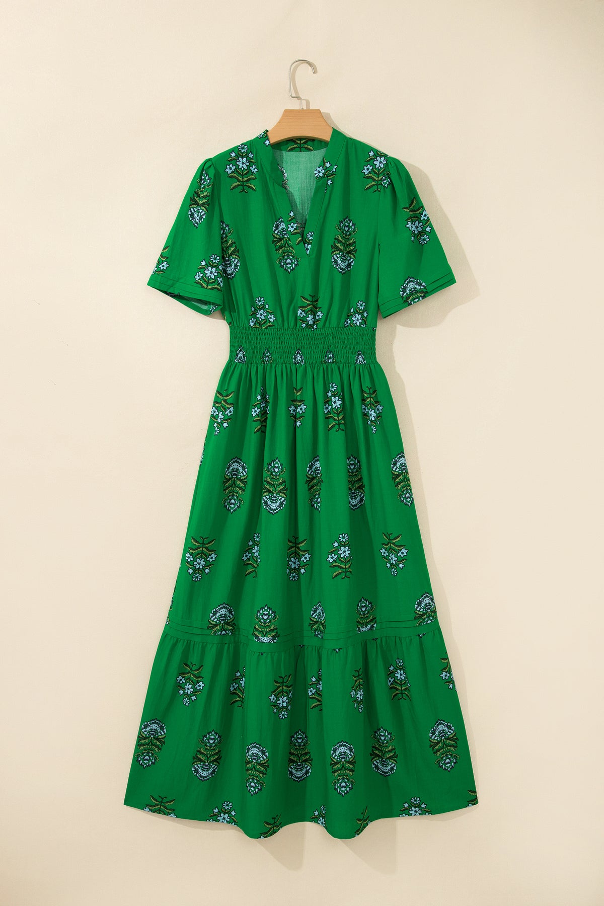 Green Floral Print Split Neck Shirred High Waist Ruffle Hem Maxi Dress